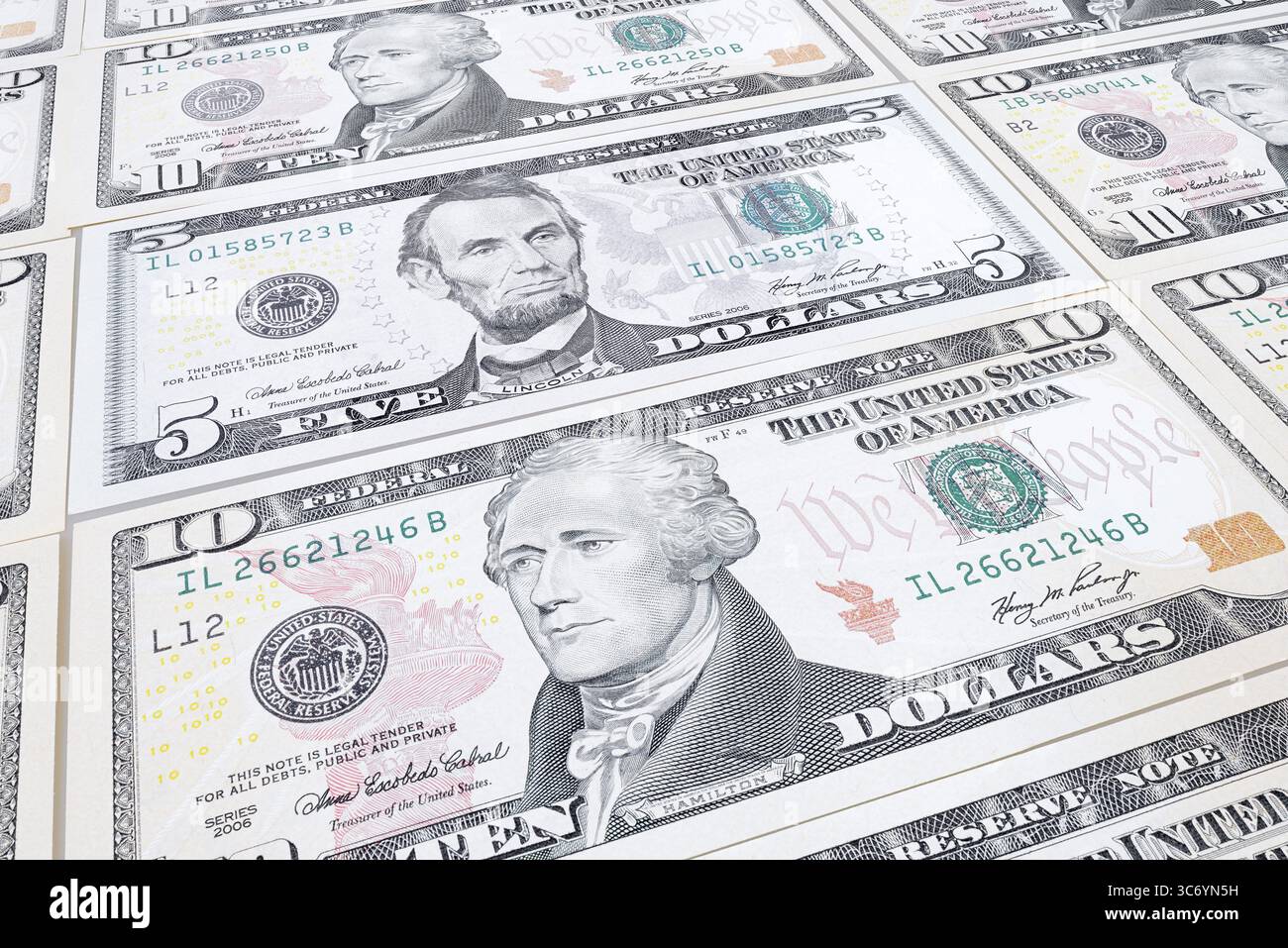 Banconote in dollari, 10 dollari, 5 dollari, banconote Foto Stock