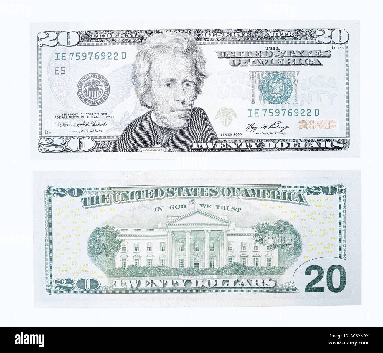 Banconote da 20 dollari, banconote da 20 dollari su sfondo bianco Foto Stock