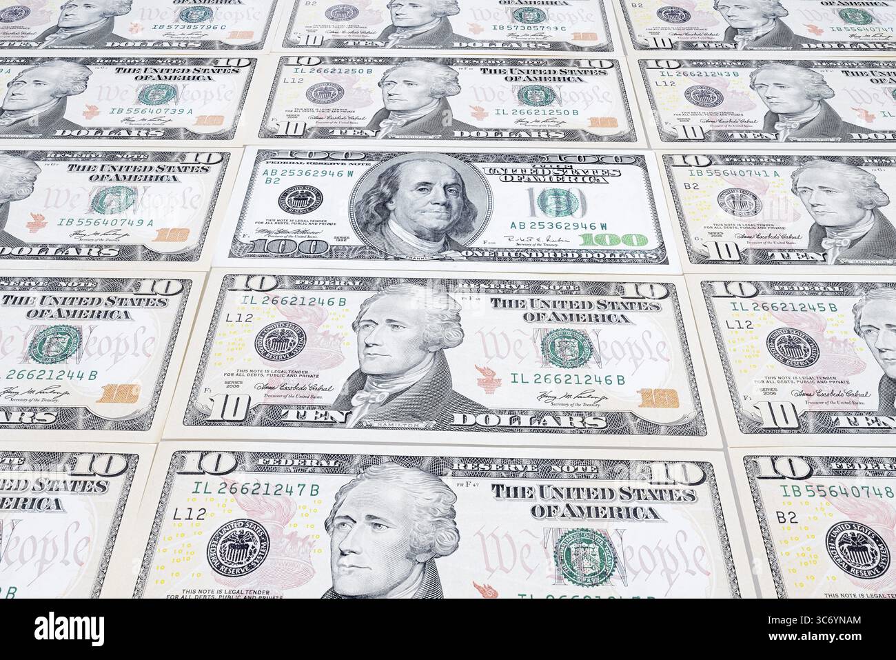 Banconote in dollari, 10 dollari, 100 dollari, banconote Foto Stock
