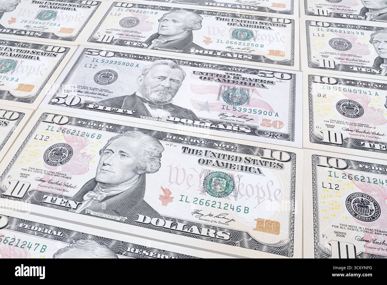 Banconote in dollari, 10 dollari, 50 dollari, banconote Foto Stock