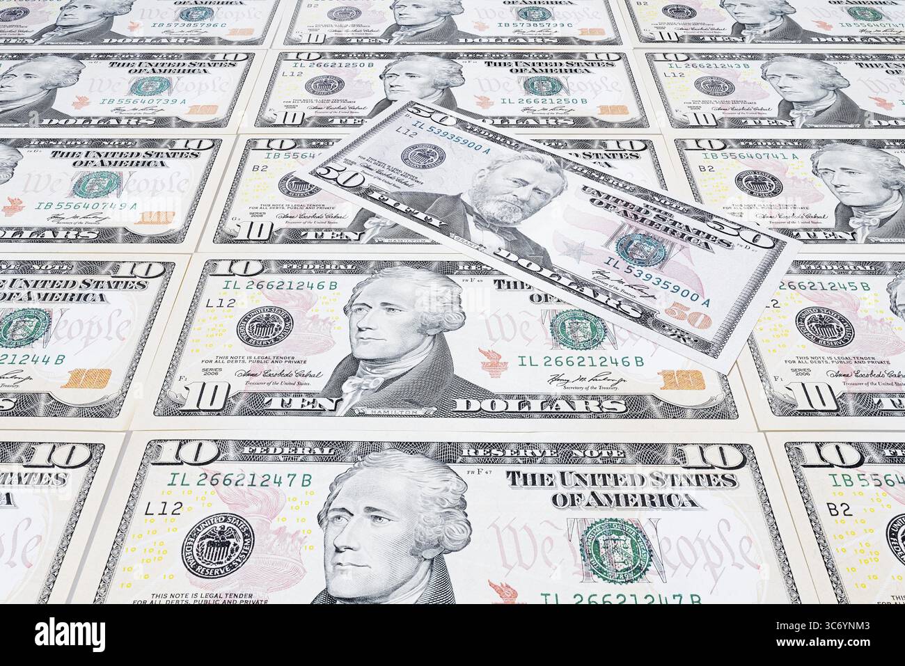 Banconote in dollari, 10 dollari, 50 dollari, banconote Foto Stock