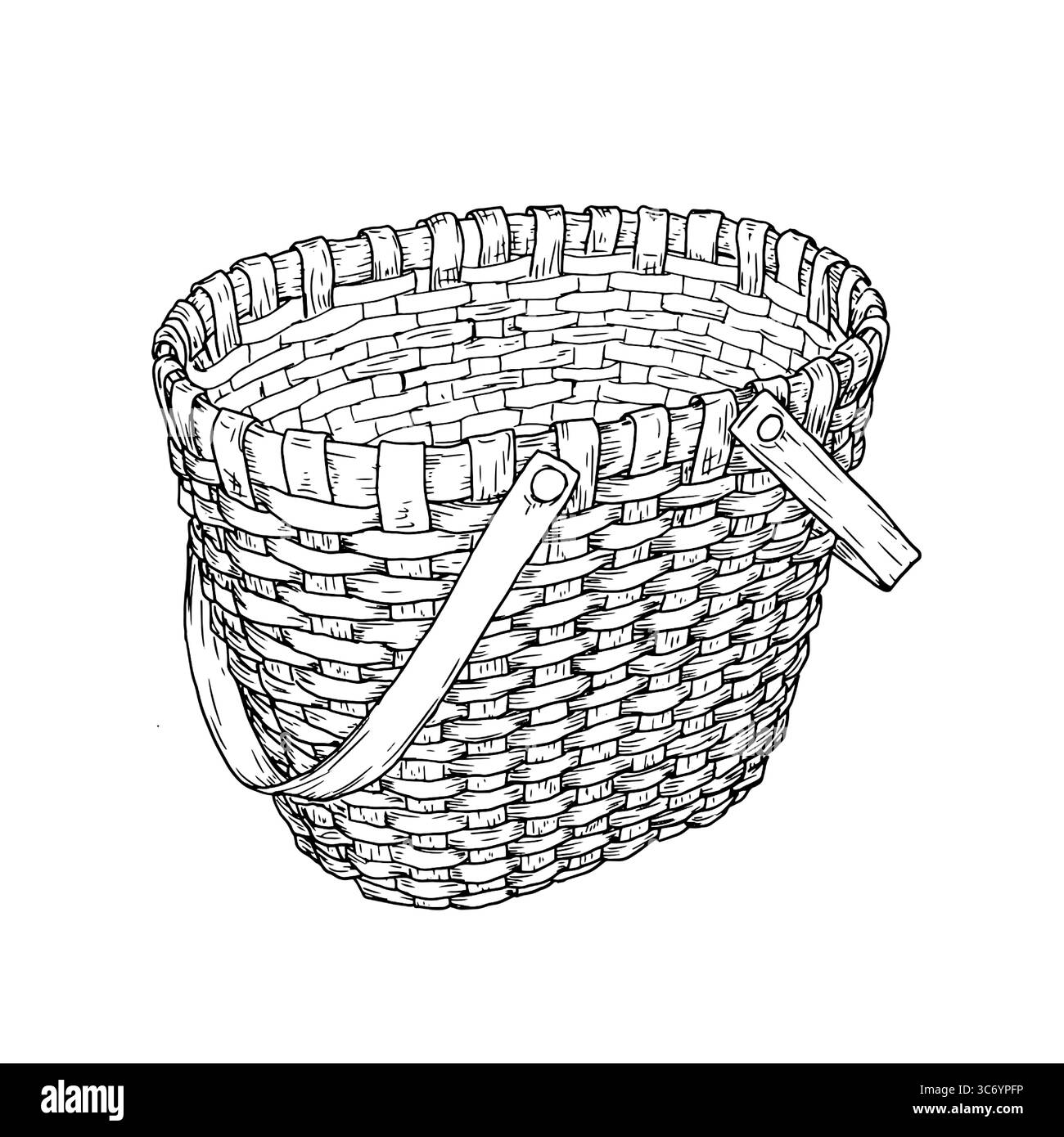 Cestello in vimini con manico, bozzetto bianco e nero. Illustrazione vettoriale. Il cestino classico per la raccolta dei funghi e della raccolta autunnale è Illustrazione Vettoriale