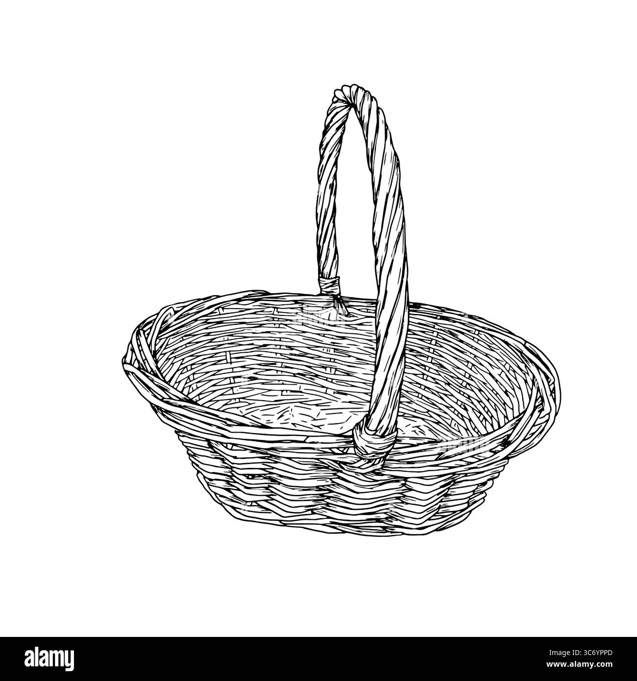 Cestello in vimini con manico, bozzetto bianco e nero. Illustrazione vettoriale. Il cestino classico per la raccolta dei funghi e della raccolta autunnale è Illustrazione Vettoriale