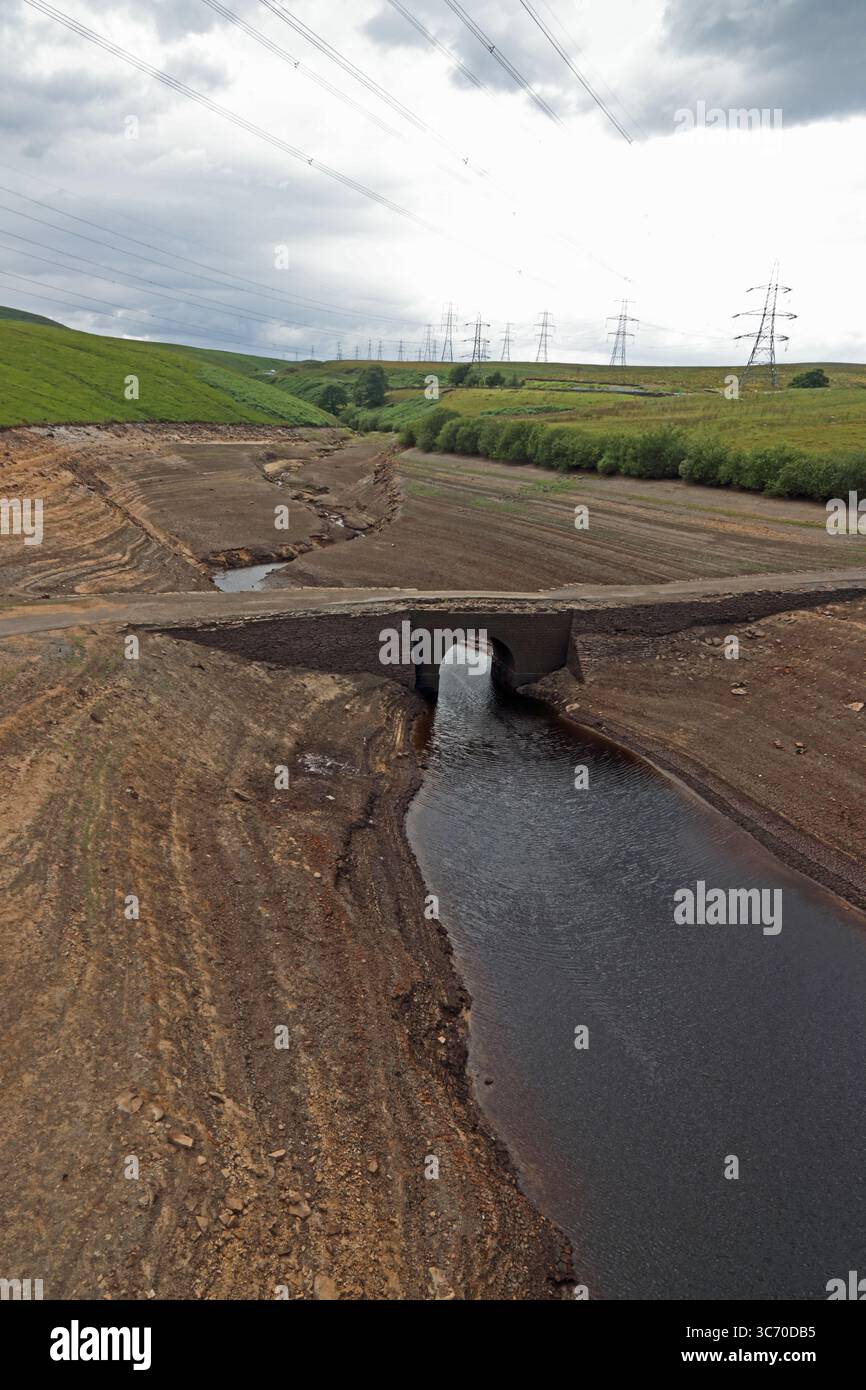 Bacino idrico della diga di Baitings, Ripponden durante la siccità 2025 Foto Stock