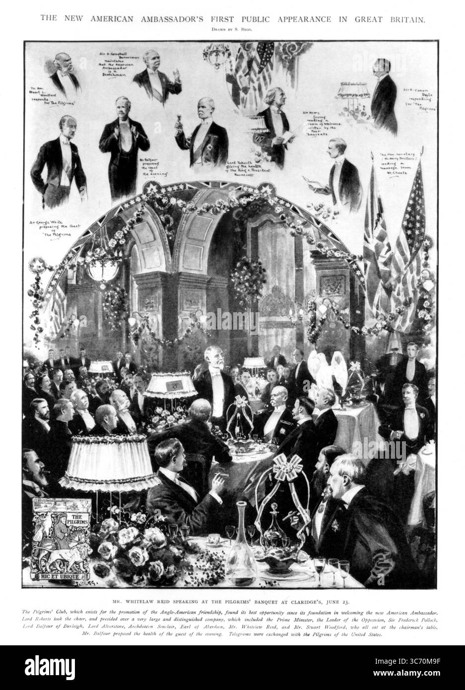 La prima apparizione pubblica del nuovo Ambasciatore americano in Gran Bretagna . Il signor Whitelaw Reid interviene al Pilgrims' Banquet at Claridge's , Londra , Inghilterra , 23 giugno 1905 e illustrato da S Begg . Luglio 1905 Foto Stock