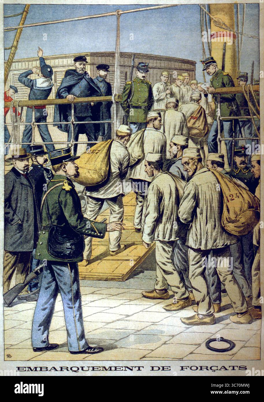 Embarquement de forcats : caricamento dei detenuti le Petit Journal 1902 Foto Stock