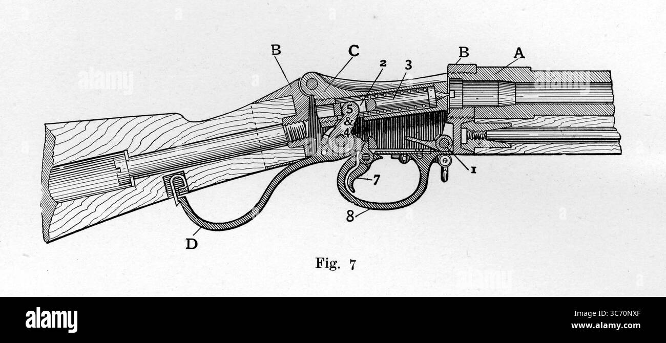 Sezione trasversale del fucile Martini-Henry , con meccanismo di caricamento a poppa . Fucile del 1871 A-canna B-corpo C-bolt D- leva 1-estrattore 2-attaccante 3- molla 4- codolo 5- sear 7- grilletto 8- grilletto di protezione piatto fusto della nuova popolare Encyclopedia 1903 Foto Stock