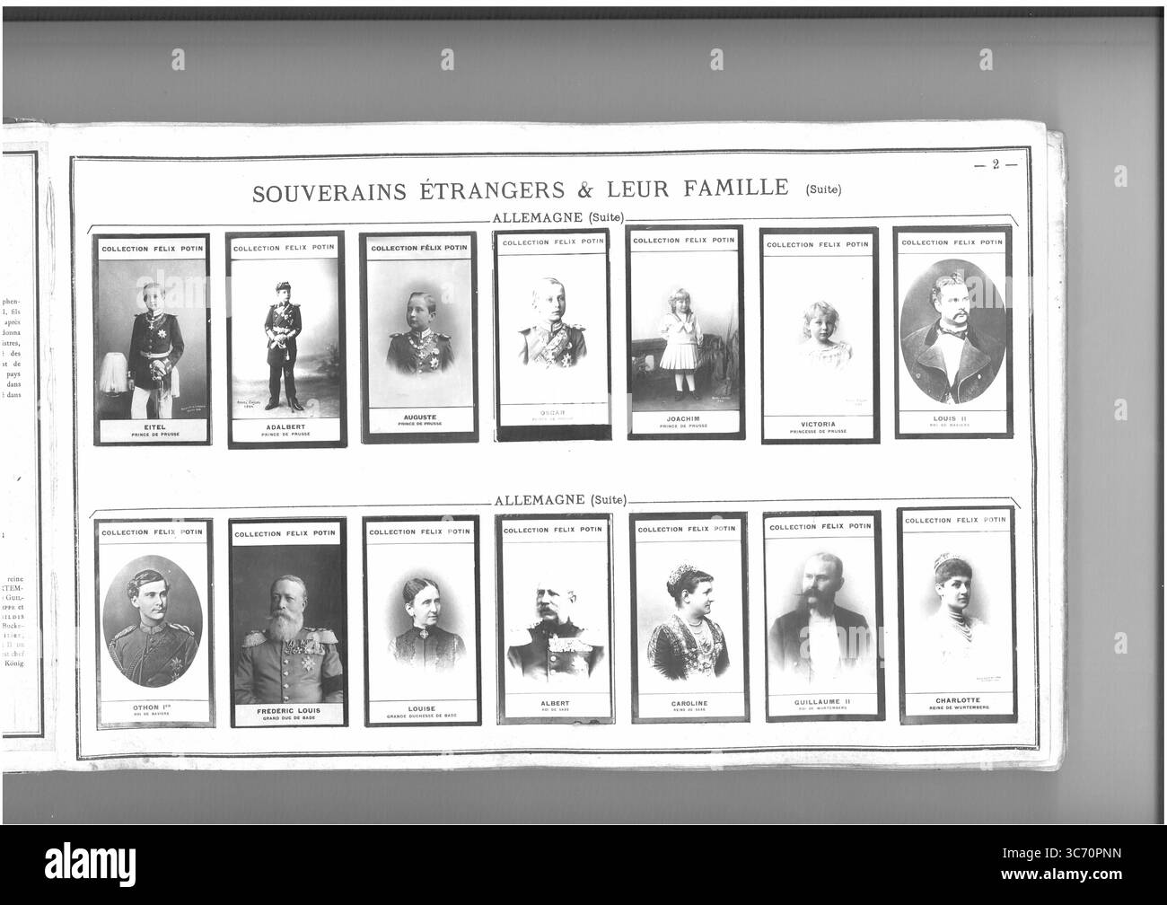 COLLEZIONE FELIX POTIN SOUVERAINS ETRANGERS & LEUR FAMILLE (prima fila l-r) ALLEMAGNE: Eitel (Principe di Prusse) 1883 - Adalberto (Principe di Prusse) 1884 - Auguste (Principe di Prusse) 1887 - Oscar (Principe di Prusse) 1888 - Gioacchino (Principe di Prusse) 1890 - Vittoria (Princesse de Prusse) 1892 - Luigi II (ROI de Baviere) 1845-1886 (seconda fila) ALLEMAGNE: Othon (ROI de Bavier) 1848 - Frederic-Louis (Grand Duc de Sade) 1826 - Louis (Grand Duchesse de Bade) 1838 - Albert (Frederic-Auguste) (ROI de Saxe) 1828-1902 - Caroline (Reine de Saxe) 1833 - Guillaume II (ROI de Wurtemberg) 1348 - Charlotte Foto Stock COLLEZIONE FELIX POTIN SOUVERAINS ETRANGERS & LEUR FAMILLE (prima fila l-r) ALLEMAGNE: Eitel (Principe di Prusse) 1883 - Adalberto (Principe di Prusse) 1884 - Auguste (Principe di Prusse) 1887 - Oscar (Principe di Prusse) 1888 - Gioacchino (Principe di Prusse) 1890 - Vittoria (Princesse de Prusse) 1892 - Luigi II (ROI de Baviere) 1845-1886 (seconda fila) ALLEMAGNE: Othon (ROI de Bavier) 1848 - Frederic-Louis (Grand Duc de Sade) 1826 - Louis (Grand Duchesse de Bade) 1838 - Albert (Frederic-Auguste) (ROI de Saxe) 1828-1902 - Caroline (Reine de Saxe) 1833 - Guillaume II (ROI de Wurtemberg) 1348 - Charlotte Foto Stock