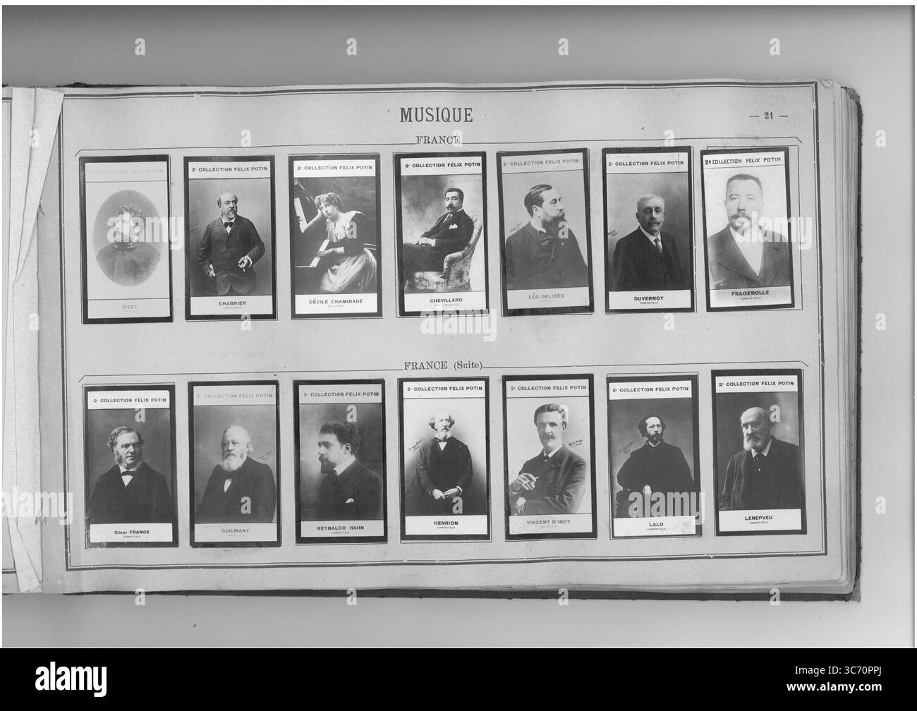 2° COLLEZIONE FELIX POTIN MUSIQUE (prima fila l-r) FRANCIA: Bizet (Alexandre-Cesar-Leopold dit Georges) 1838-1875 1855 1819-1904 - Chabrier (Alexis-Emmanuel) 1842-1894 1822-1890 1851 - Mademoiselle Chaminade (Cecile-Louis-Stephanie) 1856 1837 1823-1892 - Chevillard (Camille) 1859 - Delibes (Leon dit Leo) 1836-1891 - Duvernoy 1874 (Alphonse) 1842-1907 Foto Stock