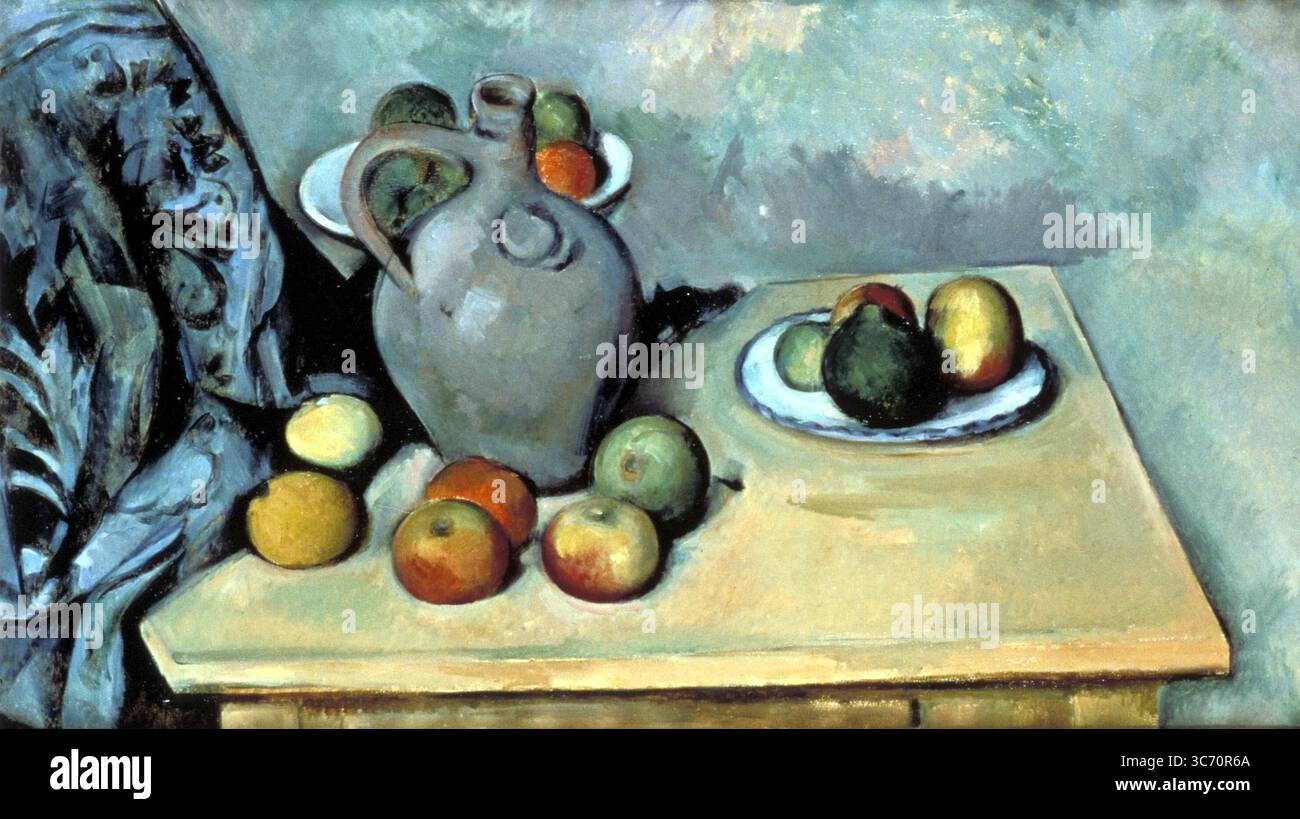Picher et Fruits sur une table - c.1893 Fruit on a Table Still Life di Paul Cezanne Paul Cézanne (Parigi, 19 gennaio 1839 – Parigi, 22 ottobre 1906) è stato un pittore francese che rappresenta il ponte dall'impressionismo al cubismo. Considerato il padre dell'arte moderna Foto Stock