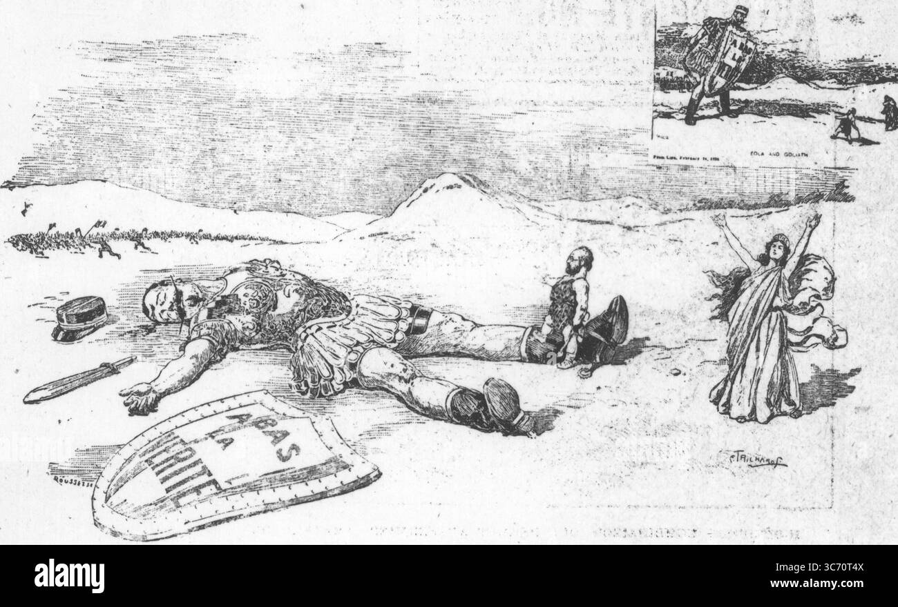 Il processo Dreyfus - Alfred Dreyfus (9 ottobre 1859 - 12 luglio 1935) - lo schizzo mostra che David (Zola) ha battuto Golia - vignetta politica relativa al ruolo interpretato da Emile Zola - una figura importante nella liberalizzazione politica della Francia e nell'esonerazione dell'ufficiale dell'esercito falsamente accusato e condannato Alfred Dreyfus - 1901 Foto Stock