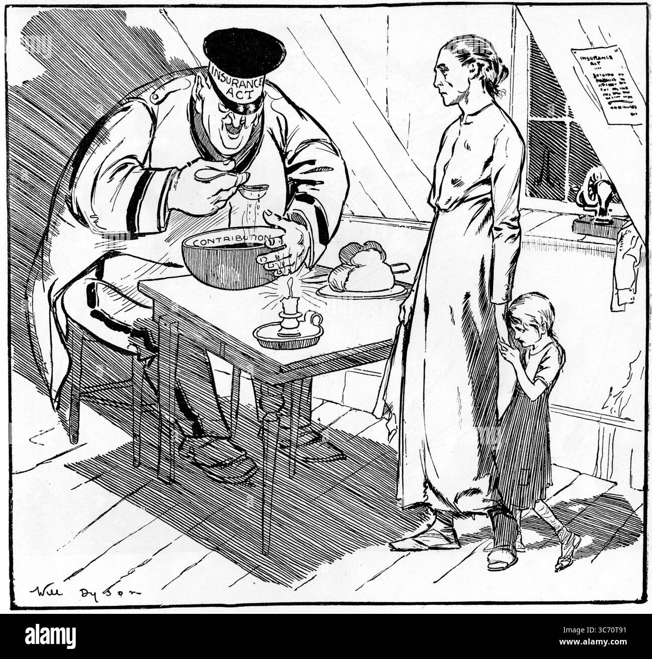 GIOIA - GIORNO. IL BAMBINO: ' Mamma, quel grasso sta mangiando di nuovo tutto il nostro cibo oggi! ' LA MADRE: ' Sì, cara, ma dobbiamo fare la nostra parte per mantenere la sua forza. Ha promesso di curarci dalla gotta, quando lo avremo! ' Disegno di Will Dyson , illustratore e fumettista politico australiano , ben noto per il suo punto di vista socialista . anni '1910 Foto Stock