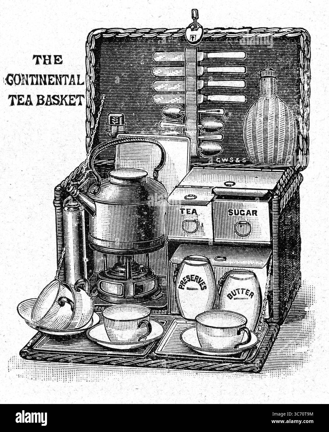Il cestino del tè continentale completo di bollitore in rame, piano cottura in rame, tazze, piattini e cassetti per tè e zucchero. Da William Whiteley , Ltd Catalogo generale Foto Stock