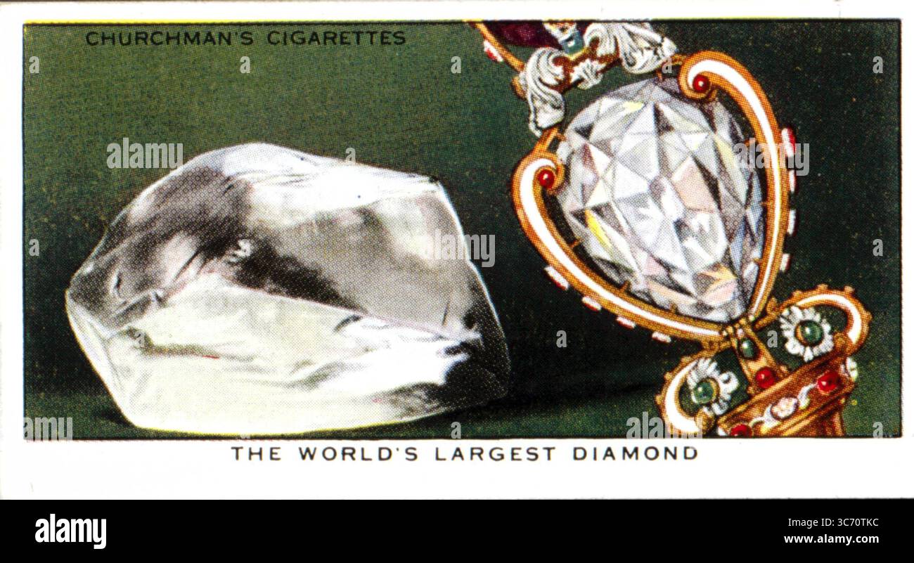 IL DIAMANTE PIÙ GRANDE DEL MONDO, più apprezzato di tutte le pietre preziose, i diamanti sono costituiti da puro carbonio cristallizzato. Una delle fonti principali sono le miniere sudafricane, le "tubature" vulcaniche dalle pareti ripide, piene di masse frantumate di roccia verde-blu note come "terreno blu". La famosa pietra di Cullinan, scoperta nei pressi di Pretoria nel 1905 e presentata a re Edoardo VII nel 1907, aveva le dimensioni di un uovo di tacchino e pesava nel suo stato non tagliato 3.025 carati. Da esso furono tagliati nove grandi diamanti (ora parte dei Gioielli della Corona) e 96 piccoli brillanti. Noi illustriamo la pietra nel grezzo, e anche Th Foto Stock