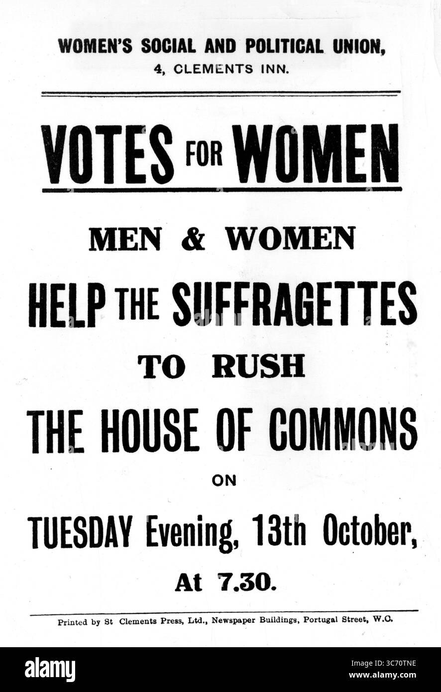 L'Unione sociale e politica delle donne vota per le donne aiuta le suffragette a precipitare la camera dei comuni martedì sera, 13 ottobre 1908 alle 7,30 Foto Stock