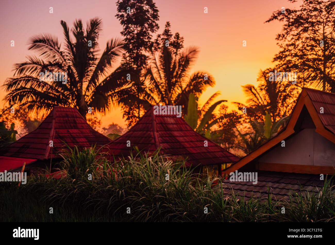 Tetti tradizionali al tramonto tropicale a Tetebatu, Lombok Foto Stock