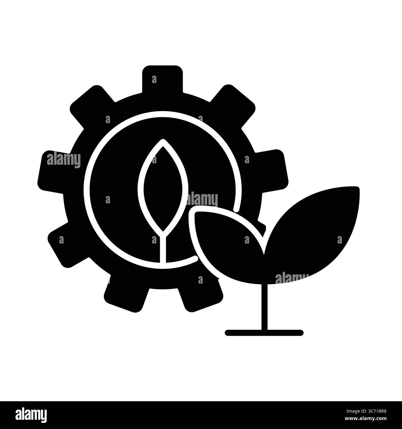 Questa immagine rappresenta il concetto di sostenibilità, con una foglia e un ingranaggio, illustrando l'equilibrio tra natura e tecnologia per una migliore f Illustrazione Vettoriale