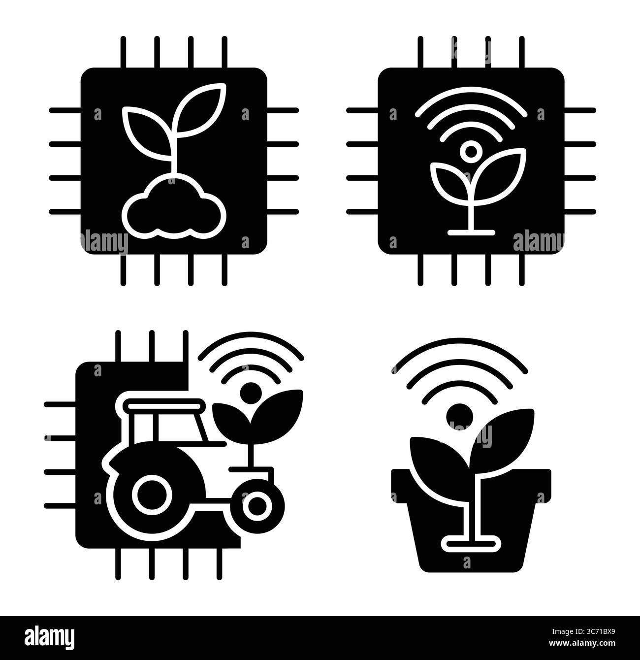 Serie di icone moderne che raffigurano la fusione tra tecnologia e agricoltura e crescita vegetale, indicando l'innovazione nelle pratiche agricole e la sostenibilità Illustrazione Vettoriale