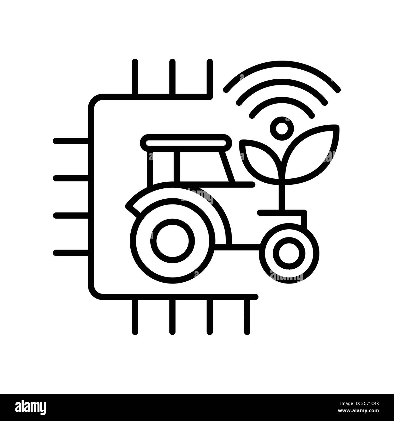 Questa immagine rappresenta l'intersezione tra agricoltura e tecnologia, con un trattore e un simbolo di stabilimento. Illustra l'innovazione nel settore agricolo Illustrazione Vettoriale