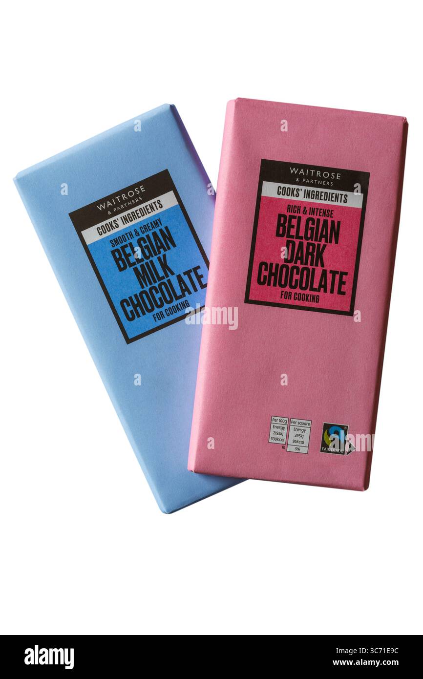 Cioccolato al latte belga liscio e cremoso e cioccolato fondente belga ricco e intenso per cucinare dagli ingredienti di Waitrose & Partners Cooks Foto Stock Cioccolato al latte belga liscio e cremoso e cioccolato fondente belga ricco e intenso per cucinare dagli ingredienti di Waitrose & Partners Cooks Foto Stock