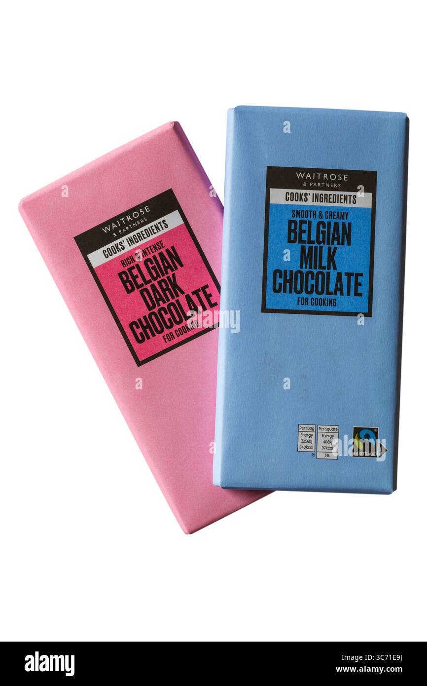 Cioccolato al latte belga liscio e cremoso e cioccolato fondente belga ricco e intenso per cucinare dagli ingredienti di Waitrose & Partners Cooks Foto Stock Cioccolato al latte belga liscio e cremoso e cioccolato fondente belga ricco e intenso per cucinare dagli ingredienti di Waitrose & Partners Cooks Foto Stock