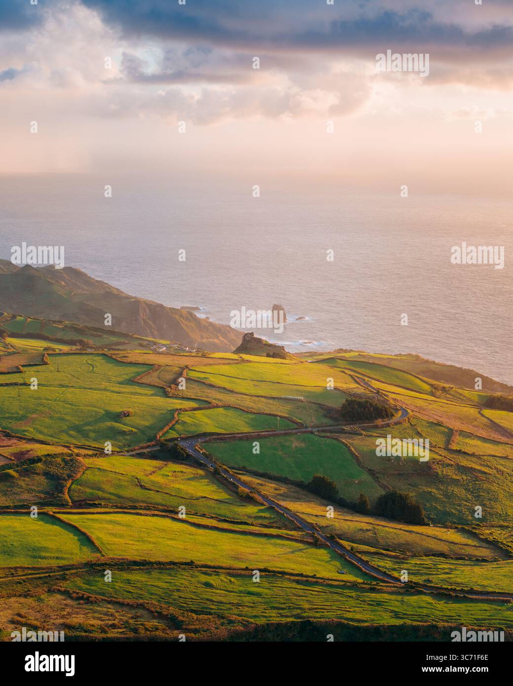 Vista aerea dei vivaci campi verdi e della costa frastagliata incontrano la vasta distesa dell'Oceano Atlantico sotto un cielo morbido e etereo, Fajãzinha, Azzorre, Portogallo. Foto Stock