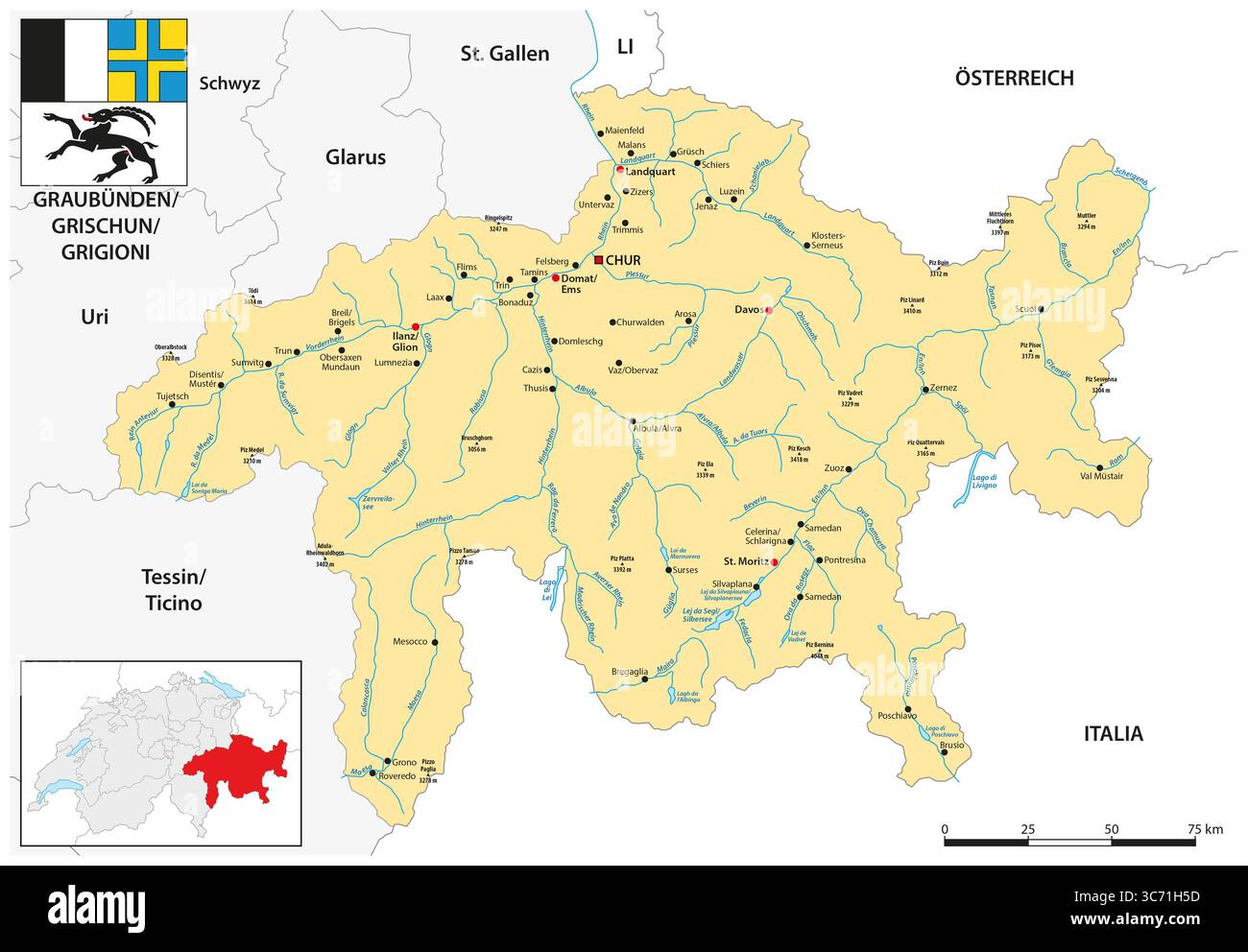 Mappa generale del cantone svizzero di Graubünden Foto Stock