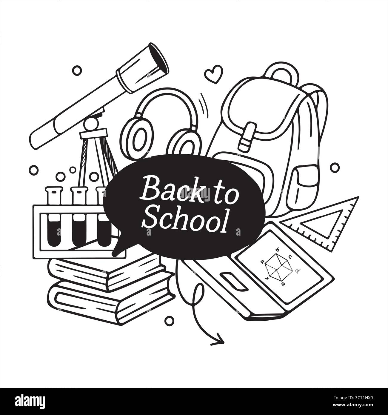 Composizione dei contorni in bianco e nero per tornare a scuola su sfondo bianco. Illustrazione vettoriale disegnata a mano in stile doodle. Emblema, adesivo, cartello, stampa per progetti scolastici. Poster sulle forniture scolastiche. Illustrazione di design scolastico per la progettazione grafica, banner Web e materiali stampati Illustrazione Vettoriale