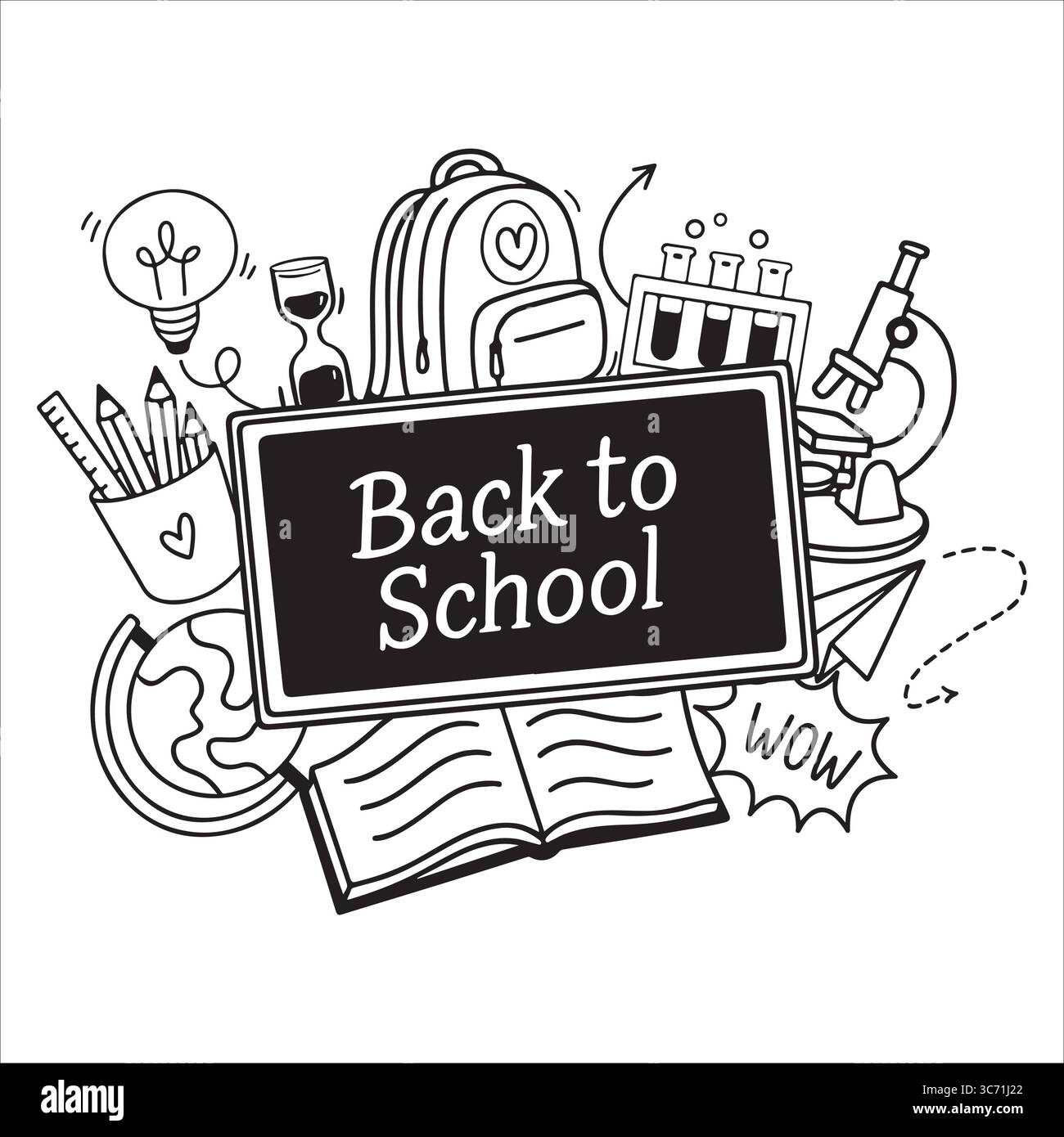Composizione dei contorni in bianco e nero per tornare a scuola su sfondo bianco. Illustrazione vettoriale disegnata a mano in stile doodle. Emblema, adesivo, cartello, stampa per progetti scolastici. Poster sulle forniture scolastiche. Illustrazione di design scolastico per la progettazione grafica, banner Web e materiali stampati Illustrazione Vettoriale