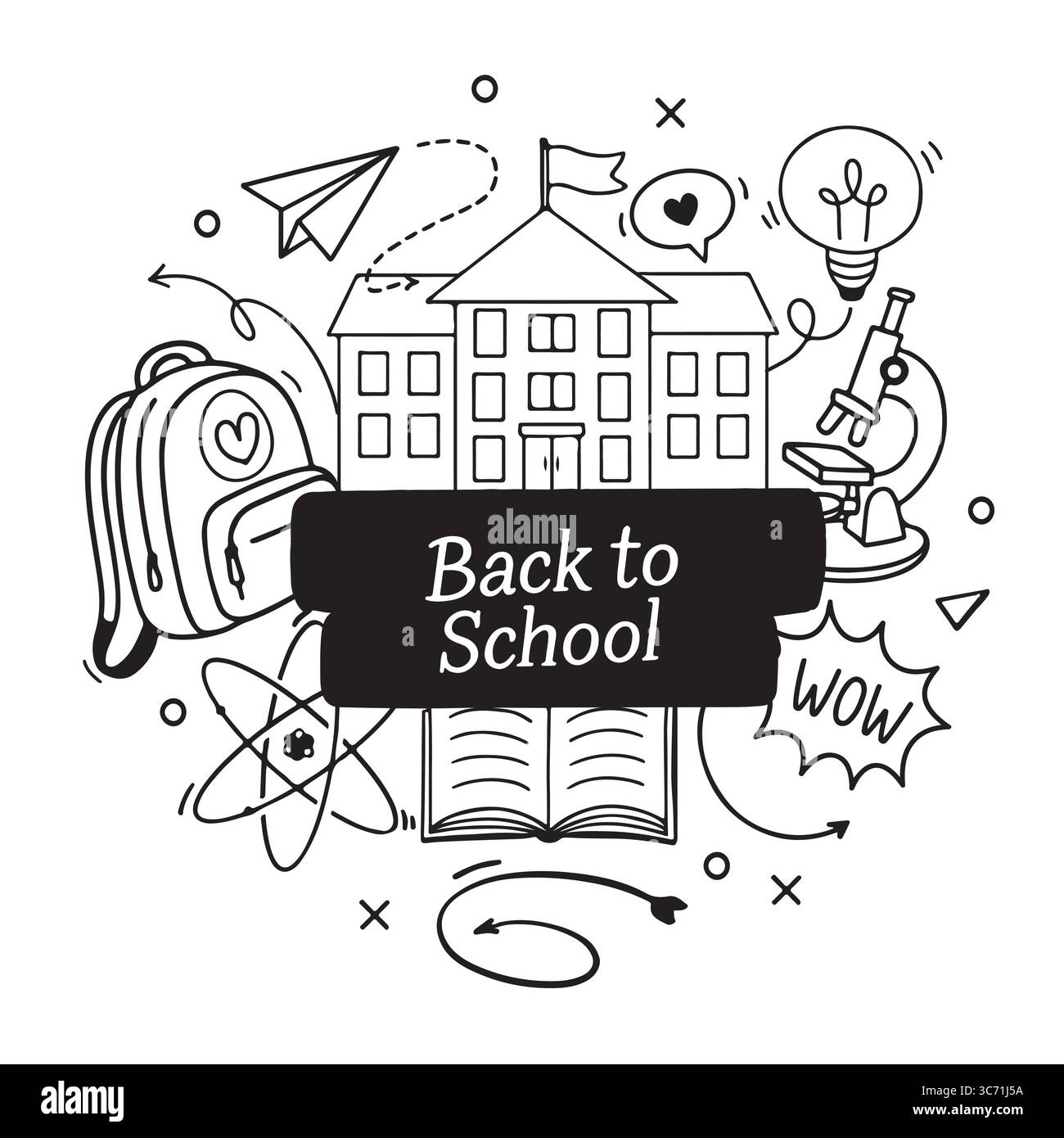 Composizione dei contorni in bianco e nero per tornare a scuola su sfondo bianco. Illustrazione vettoriale disegnata a mano in stile doodle. Emblema, adesivo, cartello, stampa per progetti scolastici. Poster sulle forniture scolastiche. Illustrazione di design scolastico per la progettazione grafica, banner Web e materiali stampati Illustrazione Vettoriale