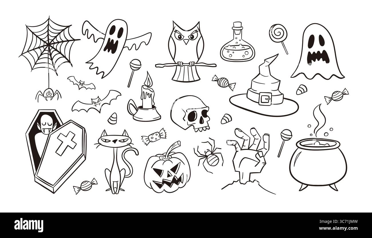 Set di doodle di Halloween. Graziosi oggetti disegnati a mano. Perfetto per progetti di sfondo, inviti a feste, stampe e progetti di creazione. Illustrazione vettoriale Illustrazione Vettoriale