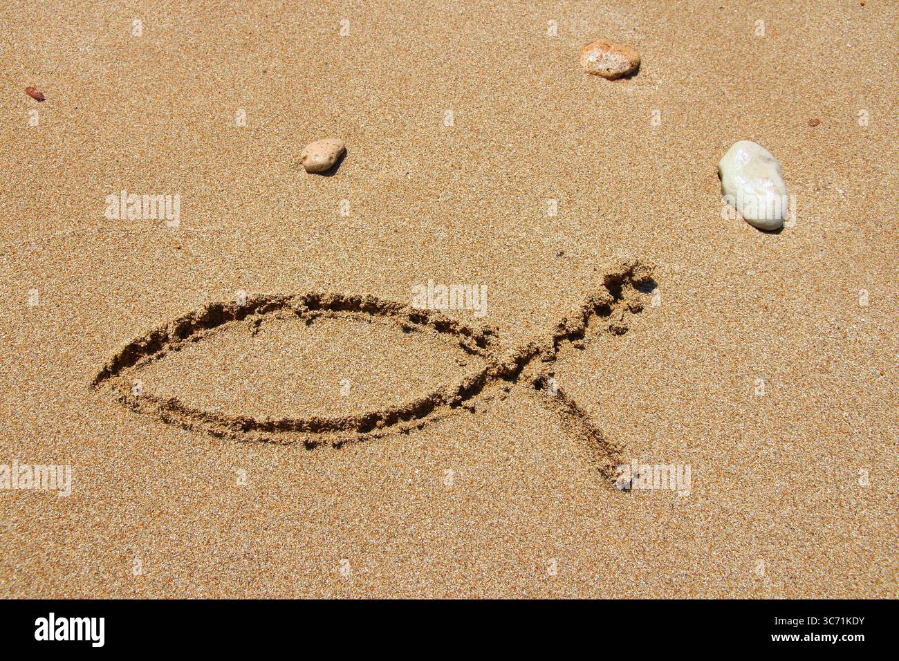 Simbolo del cristianesimo - forma religiosa di pesce disegnata nella sabbia. Il cattolicesimo pesce - ichthus. Foto Stock