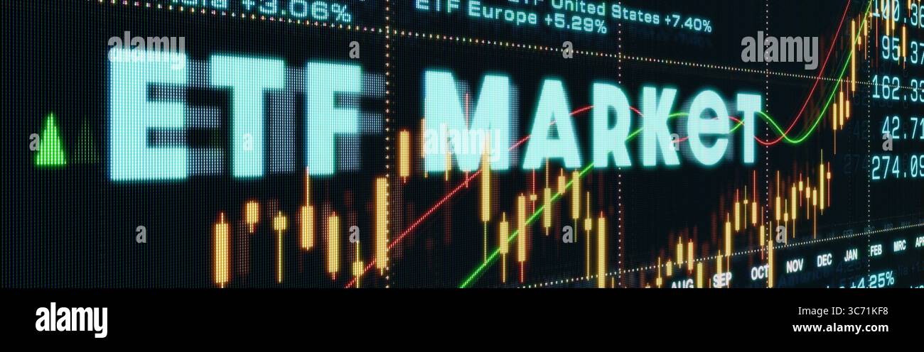 ETF Exchange Traded Fund, grafico, linee, prezzi, investimento. ETF Exchange Traded Fund, grafico, righe, prezzi. Chiudi schermo LED. Mercato azionario e borsa, globale, investimenti, crescita, ricchezza, concetto di ETF astratto. Illustrazione 3D stock market176s02 ETF Market Foto Stock
