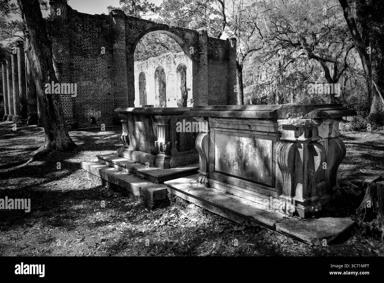 Una lapide e rovine della chiesa Old Sheldon, costruita nel 1753 e distrutta due volte; prima dagli inglesi durante la rivoluzione e poi dal generale Sherman. Foto Stock Una lapide e rovine della chiesa Old Sheldon, costruita nel 1753 e distrutta due volte; prima dagli inglesi durante la rivoluzione e poi dal generale Sherman. Foto Stock