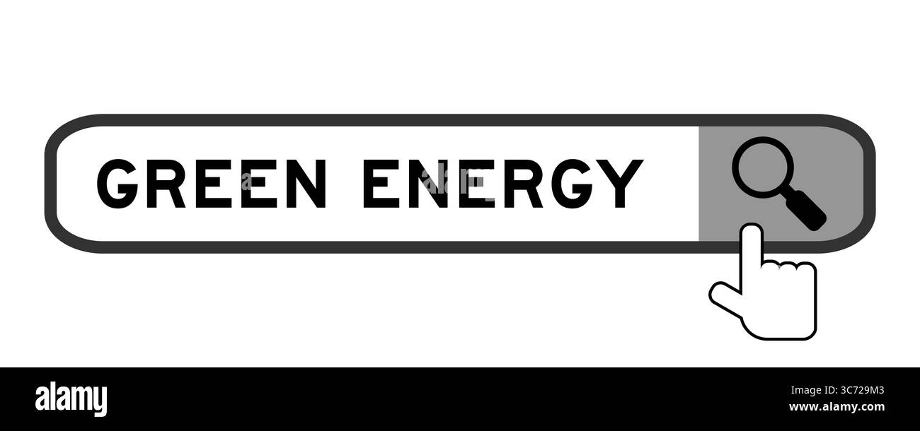 Cerca banner in parola energia greeh con icona di lente di ingrandimento a mano su sfondo bianco Foto Stock