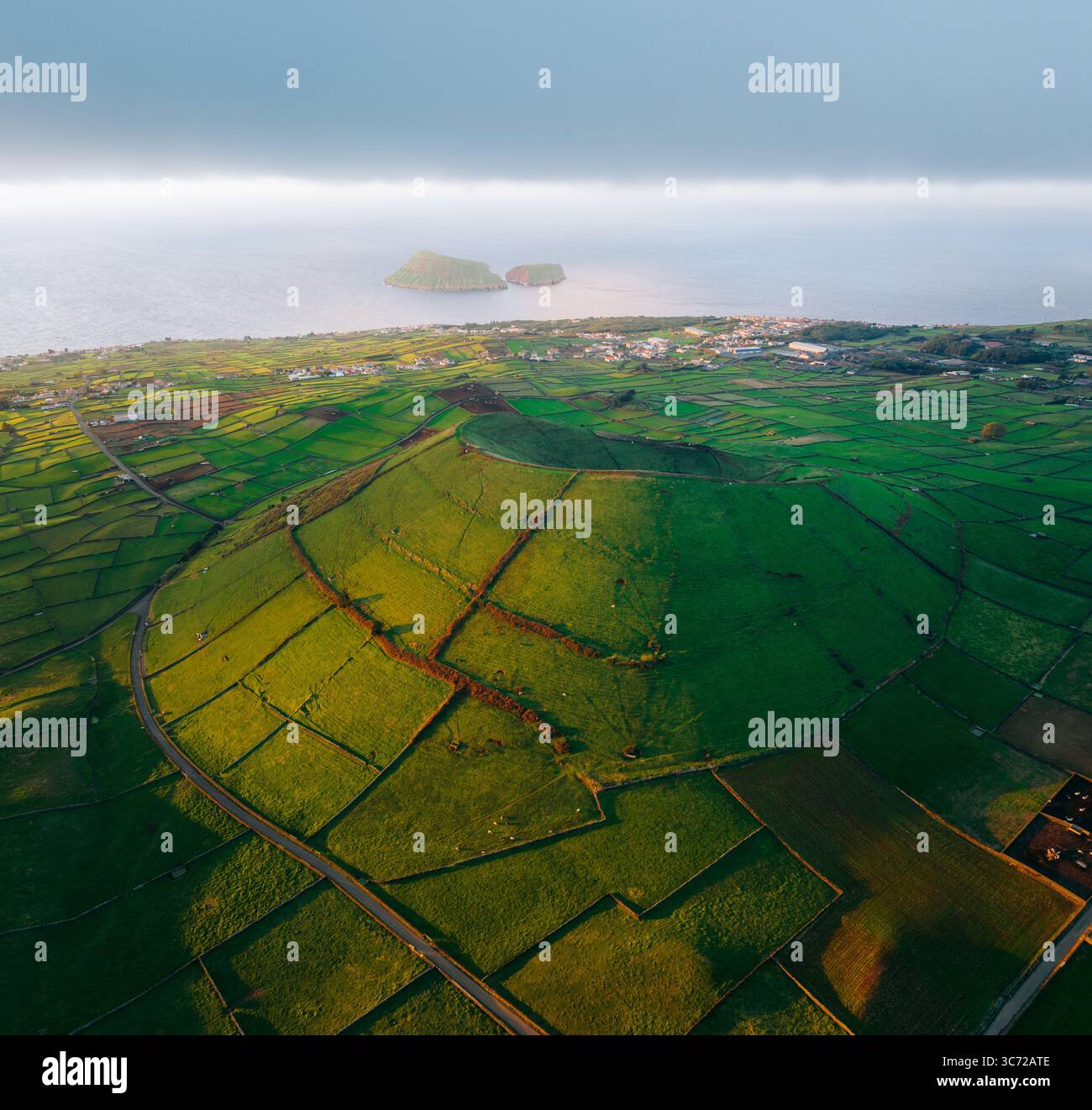 Veduta aerea di un mosaico di vivaci campi verdi incontra il tranquillo oceano, con un'isola in lontananza, geodésico, Azzorre, Portogallo. Foto Stock