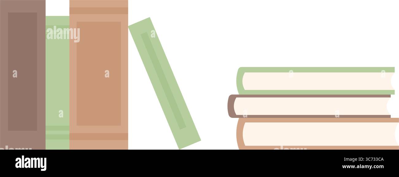 Una pila di libri. I libri stanno in piedi e giacciono con le loro spine. Elementi semplici e piatti per il design degli interni o la lettura. Illustrazione Vettoriale