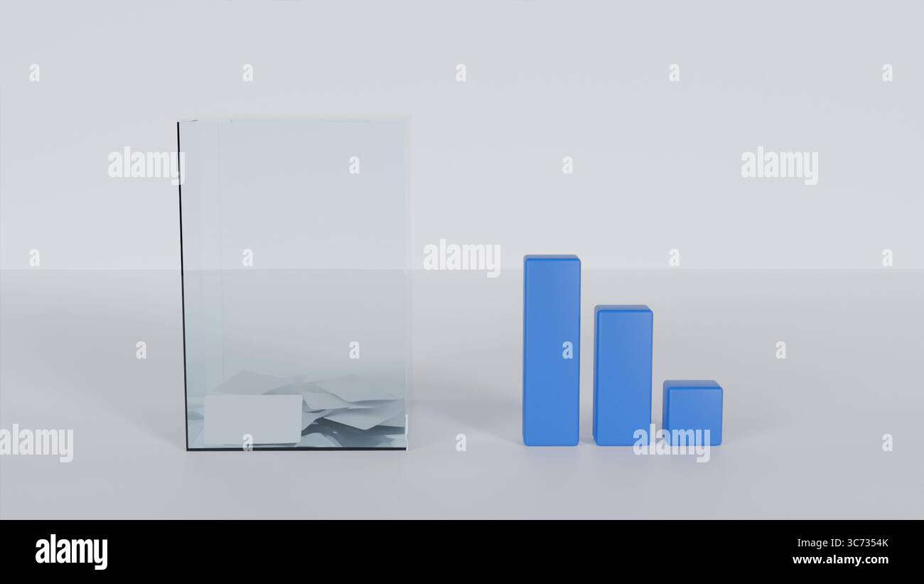 Scrutinio trasparente con schede all'interno e istogramma in camera bianca su elezioni e statistiche, condotta elettorale Foto Stock