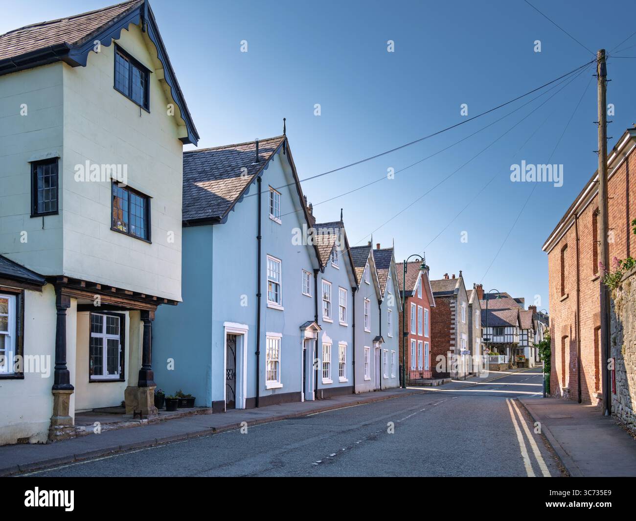 Fila di casette colorate di blu e pastello, lungo la strada del castello, Ruthin, Galles Foto Stock