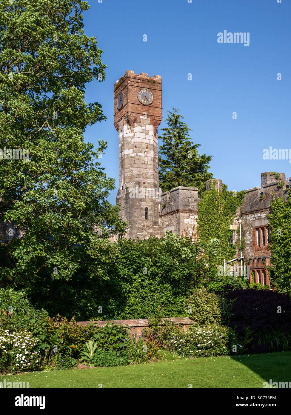 Ruthin Castle Clock Tower, Galles: Veduta di una torre dell'orologio che si innalza tra alberi verdi e fogliame sovrastati Foto Stock