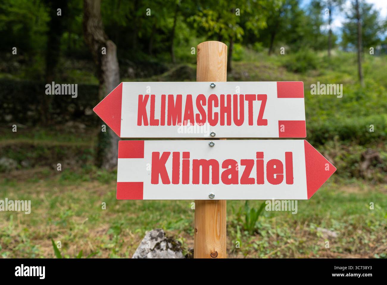 Germania - 30 luglio 2025: FOTOMONTAGGIO, un cartello ambiguo con la protezione del clima e l'obiettivo climatico mostra come le decisioni politiche determinino la direzione della lotta contro il cambiamento climatico. *** FOTOMONTAGE, Ein doppeldeutiger Wegweiser mit Klimaschutz und Klimaziel macht sichtbar, wie politische Weichenstellungen über die Richtung im Kampf gegen den Klimawandel entscheiden. Foto Stock