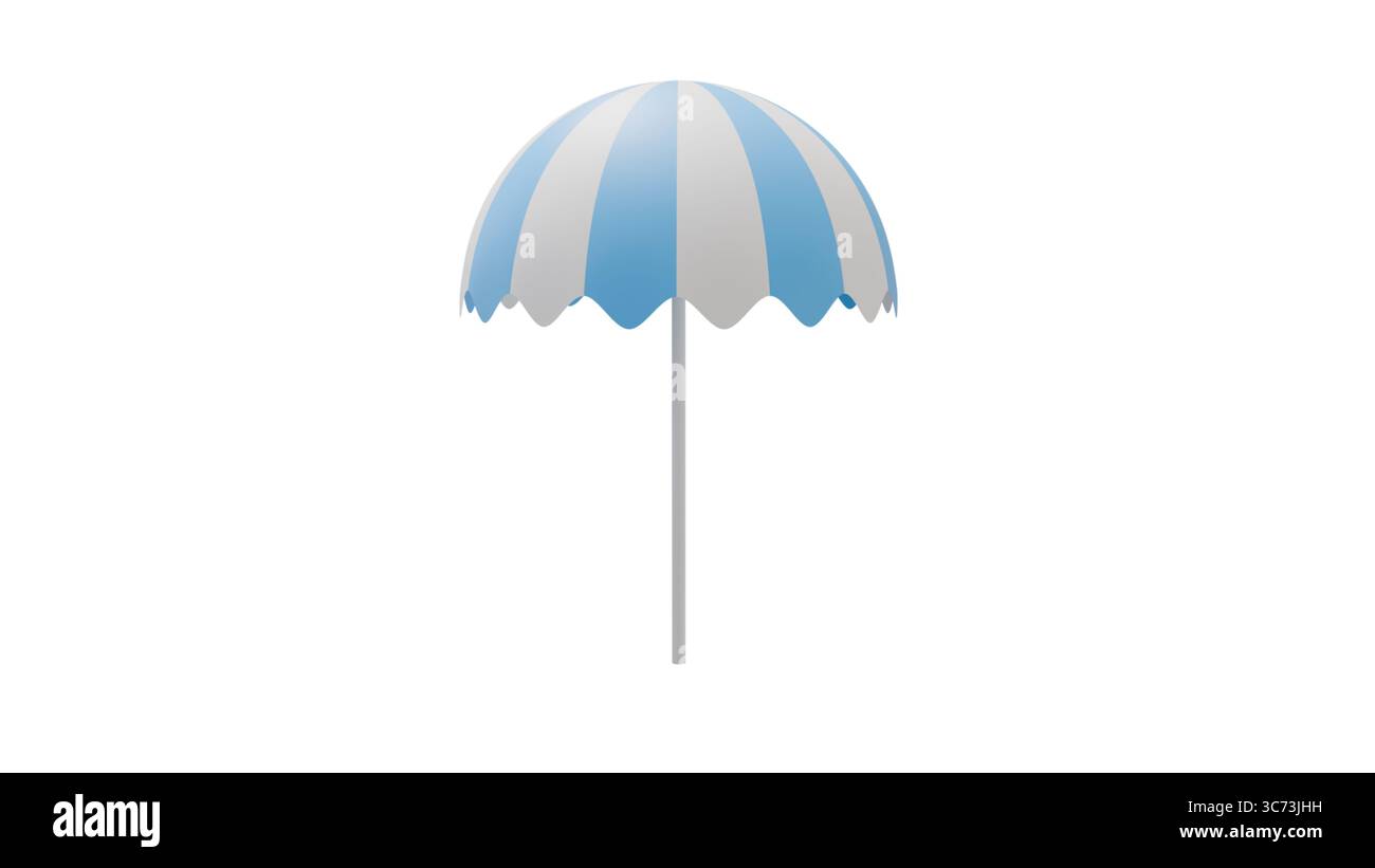 Ombrellone a righe bianco e blu su sfondo bianco, per modelli e layout sul tema della stagione estiva Foto Stock