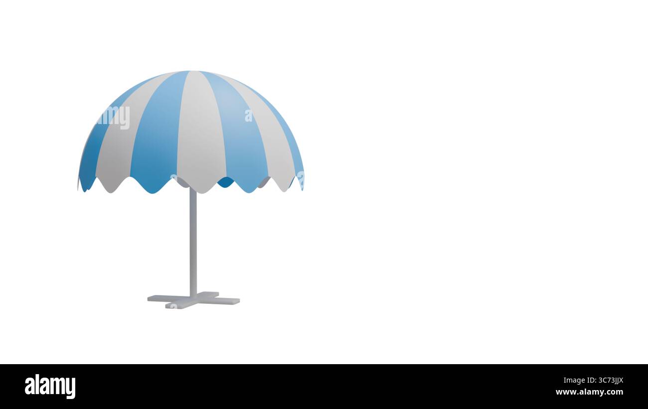 Ombrellone a righe bianco e blu su sfondo bianco, per modelli e layout sul tema della stagione estiva Foto Stock