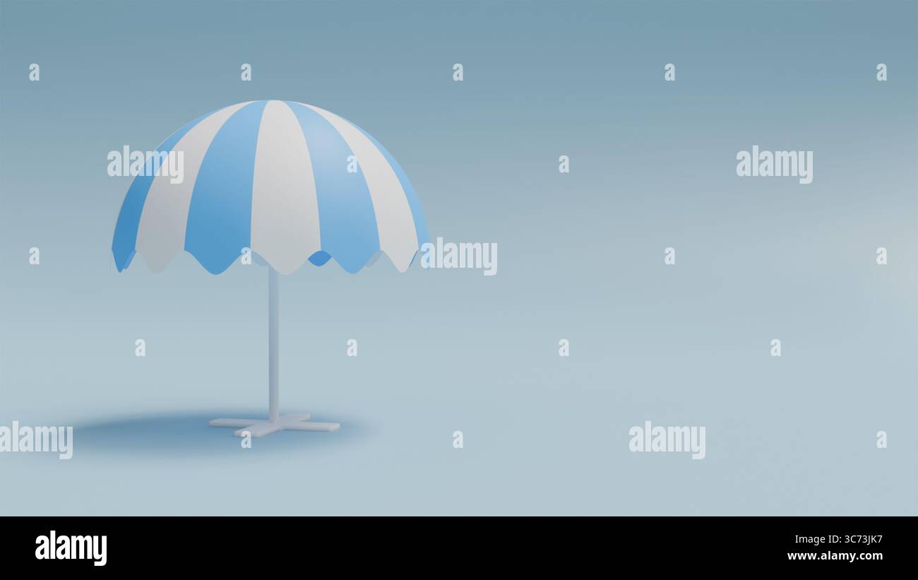 Ombrellone da spiaggia bianco e blu a righe su sfondo azzurro, per modelli e mockup sul tema della stagione estiva Foto Stock
