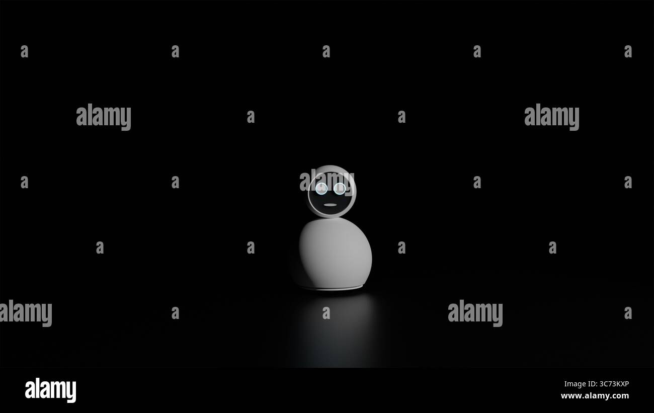 Modello 3D di robot Home Assistant bianco rotondo con schermo facciale su sfondo nero come concetto di robotica intelligente per uso domestico Foto Stock