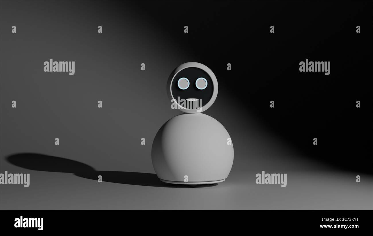 Modello 3D di robot Home Assistant bianco rotondo con schermo facciale su sfondo scuro come concetto di robotica intelligente per uso domestico Foto Stock