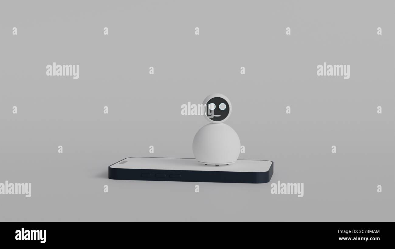 Robot Home Assistant con schermo facciale in piedi sul telefono su sfondo bianco come concetto di robotica intelligente e applicazione per l'uso domestico Foto Stock