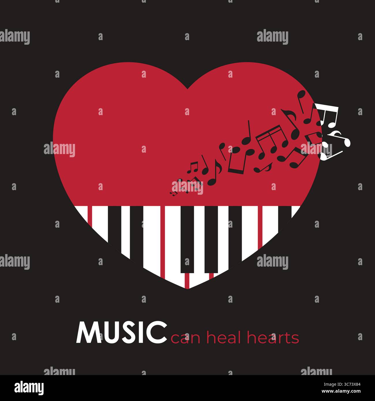Poster musicale con tasti per pianoforte con emblema a forma di cuore e note musicali. Sfondo vettoriale con citazione ispiratrice la musica può guarire i cuori Illustrazione Vettoriale