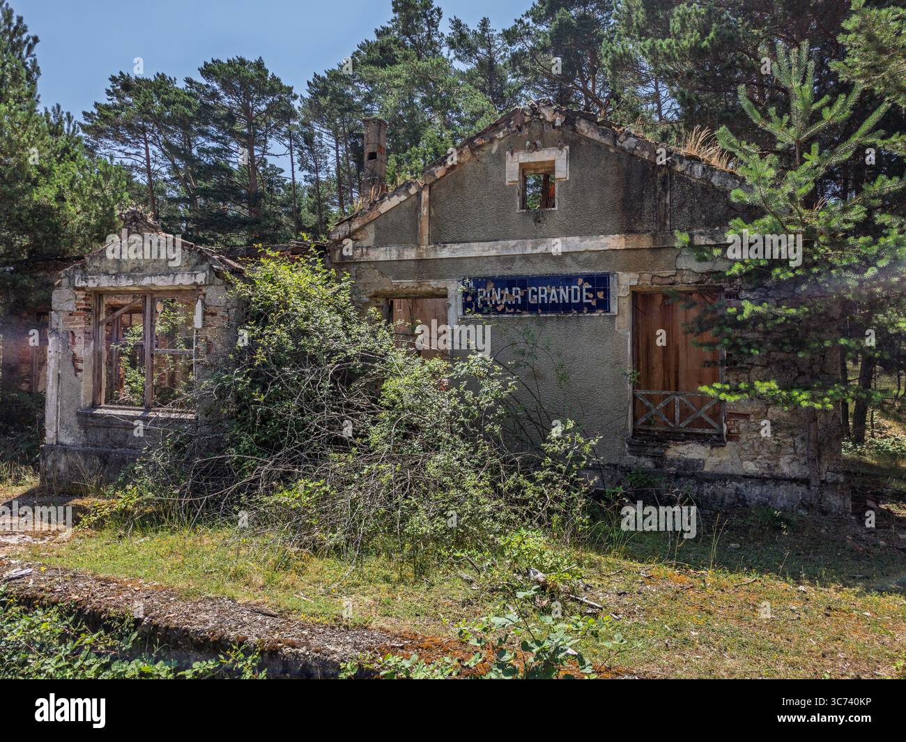 La stazione abbandonata di Pinar grande rivela la natura che recupera i suoi spazi. Storie di viaggio persistono tra le tracce troppo coltivate e i mattoni muschiati. Foto Stock