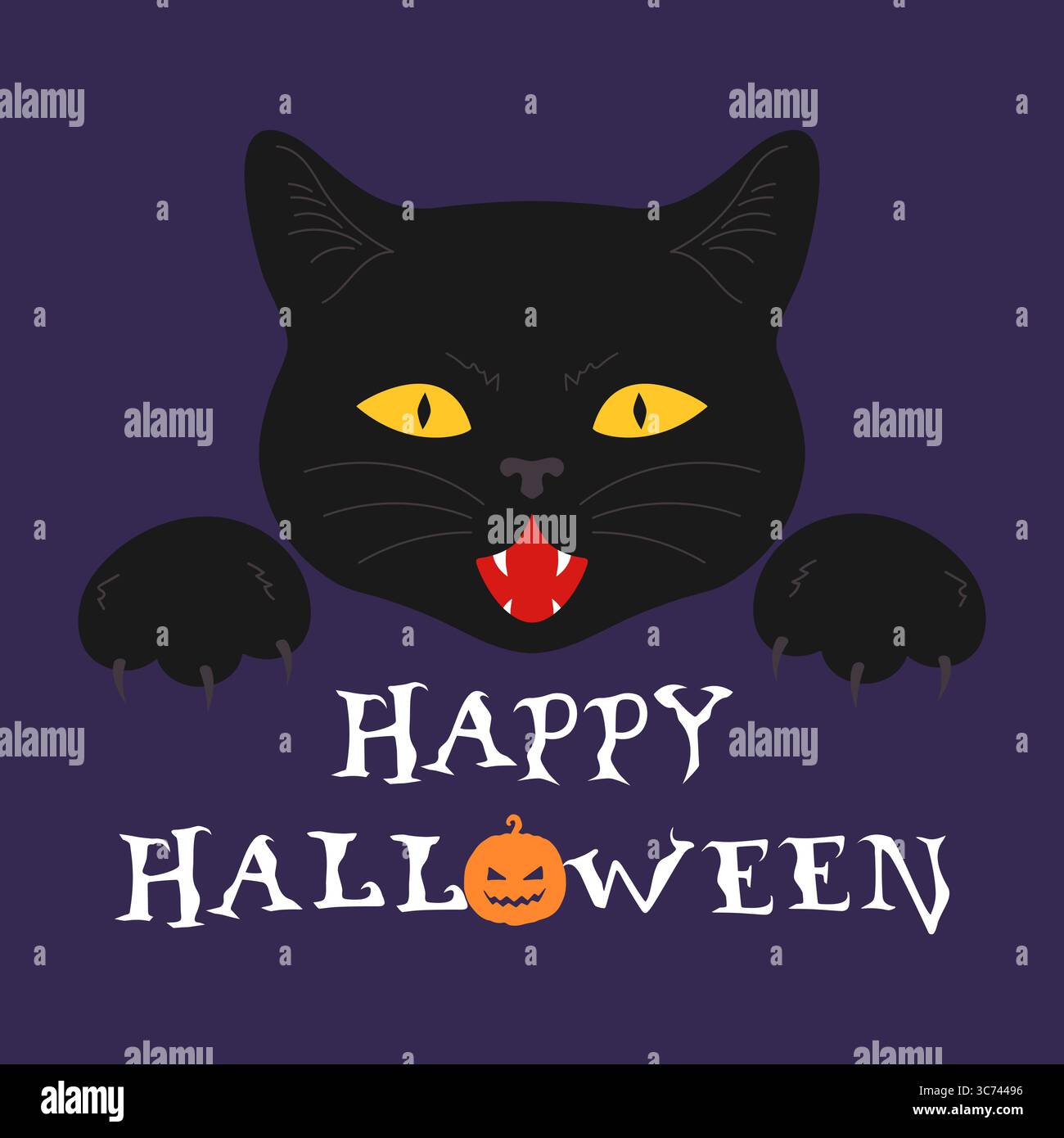 Biglietto d'auguri di Halloween con faccia nera di gatto con zanne e artigli affilati. Gatto vampiro. Illustrazione vettoriale Illustrazione Vettoriale